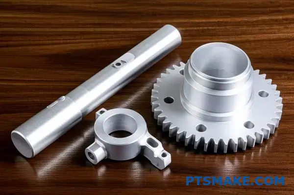 Three forged aluminum components displaying different complexity levels from simple to precision manufacturing processes