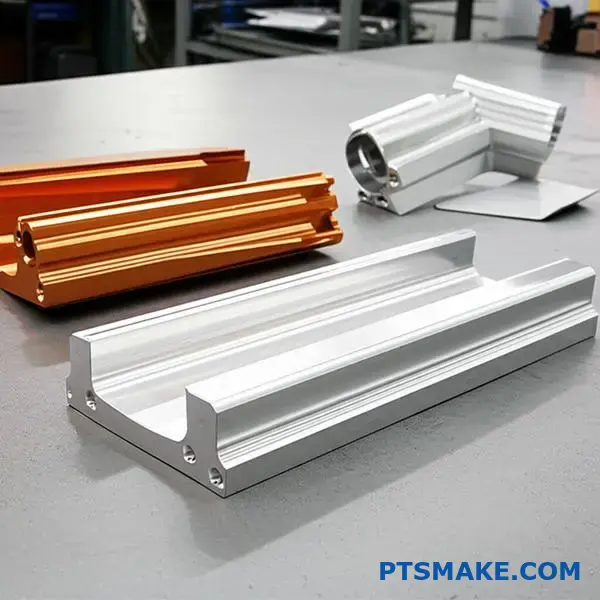 Three forged aluminum structural parts displaying different alloy series characteristics for high-stress applications