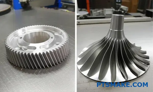 Comparison of forged aluminum automotive gear and aerospace turbine component showing different manufacturing standards and precision levels