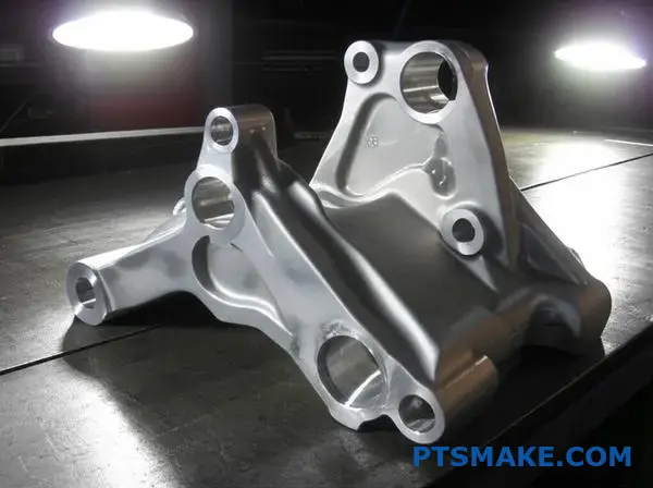 Precision-machined forged aluminum aerospace component displaying complex angular geometry and detailed surface finishing on industrial workbench