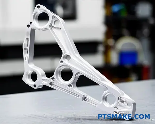 Precision forged aluminum bracket showcasing thin-wall construction and complex geometry on workbench