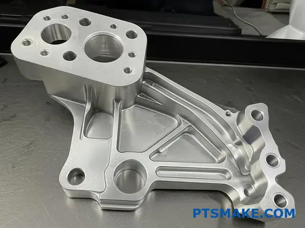 Precision forged aluminum aerospace bracket showing complex geometry and machined surface finish details