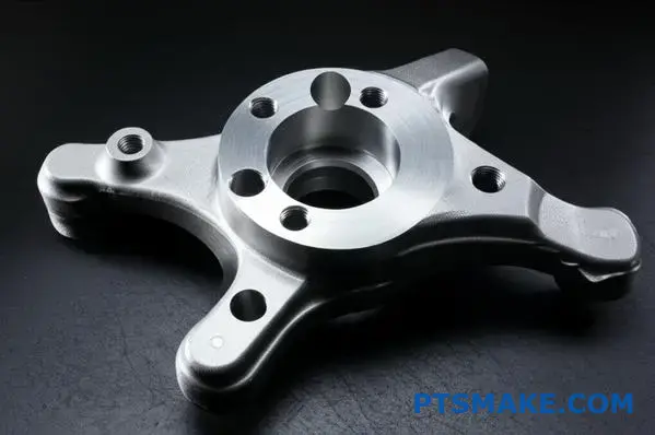 Precision forged aluminum suspension knuckle showing complex geometry and machined mounting surfaces for automotive applications