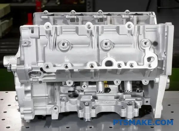 Intricate forged aluminum automotive part showcasing complex geometric features and precision machining details on workbench