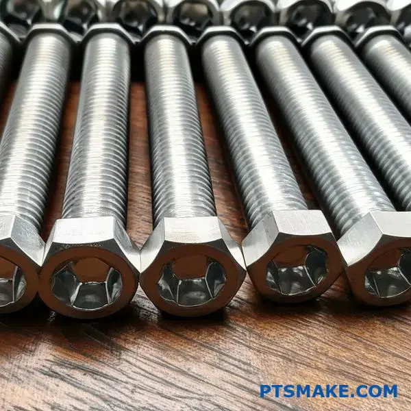 Kallformade precisionsbultar och -skruvar i stål med slät ytfinish och exakta mått på verkstadsbordet