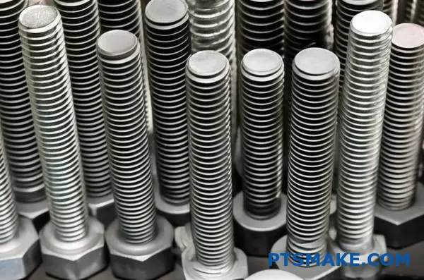 Olika metallbultar och skruvar som visar olika kallformningsoperationer och resultat av huvudformning på verkstadsbord