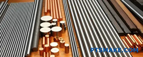 Olika metallstänger och stänger som representerar olika kategorier av kallformningsmaterial placerade på ett verkstadsbord