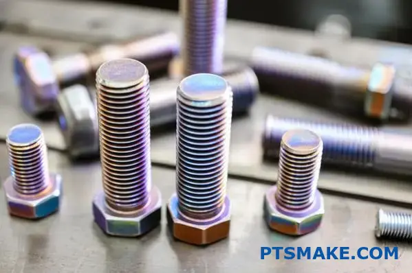 Olika metallbultar som visar kallformad gängning och sekundär efterbearbetning på industriell arbetsbänk