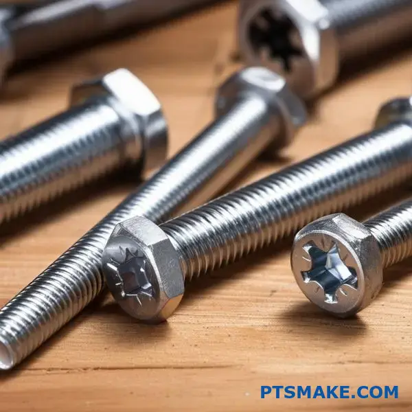 Olika fästelement av metall som visar kallformade komponenter med olika gängmönster och specifikationer