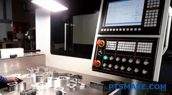 CNC-maskinstyrningsgränssnitt som visar dimensionella parametrar med precisionstillverkade metallkomponenter på arbetsbänk för kallformningsprocess
