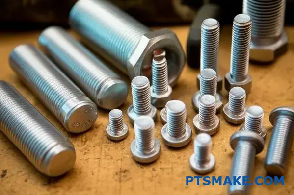 Olika metallbultar och skruvar som visar produktionskostnadskomponenter för kallformning för analys av tillverkningspriser