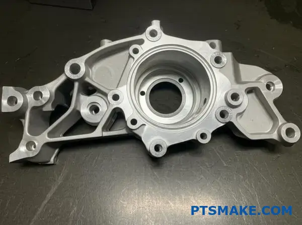 Intrikat aluminiumfäste med asymmetrisk design som visar upp kallformad tillverkningsprecision och komplex geometri