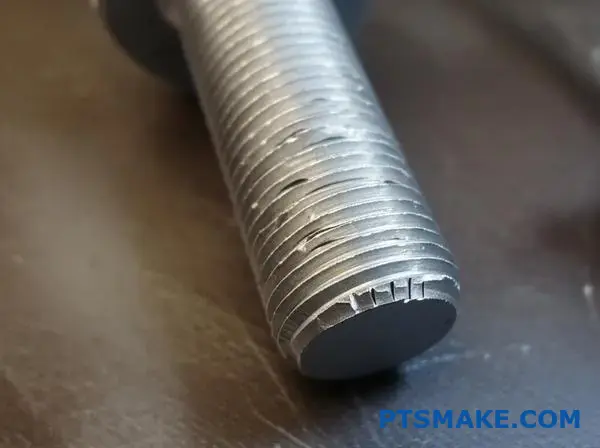 Närbild av bilbult med chevronsprickor från kallformningsprocessen på industriell yta