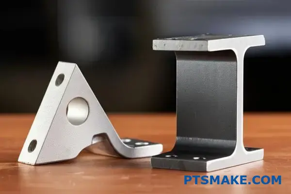 Två metallkonsoler som visar materialalternativ för utvärdering av tillverkningsprocessen för kallstukning