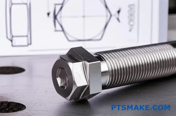 Detaljerad vy av precisionsbearbetat fästelement med gängspecifikationer under genomförbarhetsanalysen för kallformning