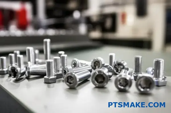 Olika bultar och skruvar av rostfritt stål tillverkade genom kallstukning på industriell arbetsbänk