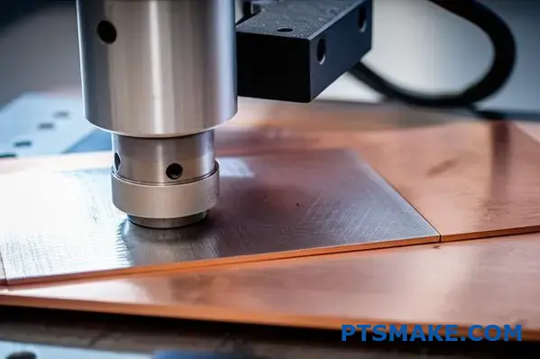 Ultradźwiękowa spawarka do metalu łącząca dwa różne arkusze metalu, demonstrująca właściwości spawalności materiału