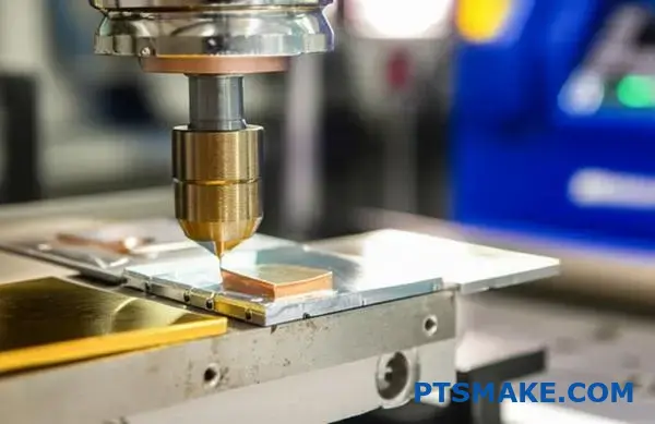 Ultradźwiękowe spawanie elementów miedzianych i aluminiowych pokazujące proces łączenia różnych materiałów na przemysłowym stanowisku roboczym