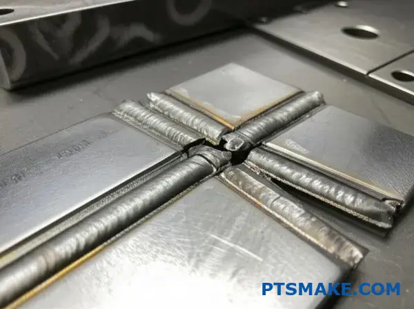 Elementy metalowe wykazujące typowe wady zgrzewania ultradźwiękowego i wzorce uszkodzeń na przemysłowym stole warsztatowym