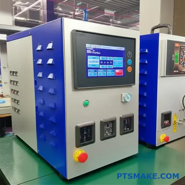 Cyfrowy panel sterowania nowoczesnego ultradźwiękowego sprzętu do spawania metali pokazujący różne tryby i ustawienia kontroli sprzężenia zwrotnego