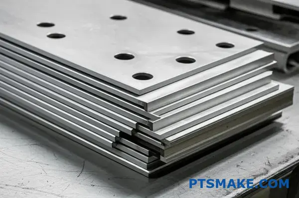 Ułożone w stos metalowe wsporniki samochodowe pokazujące różnice grubości dla doboru parametrów zgrzewania ultradźwiękowego