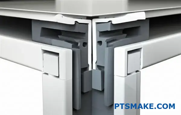 Olika typer av ultraljudssvetsfogar visas: stum-, skjuv- och halsskarvfogar för montering av plastkomponenter