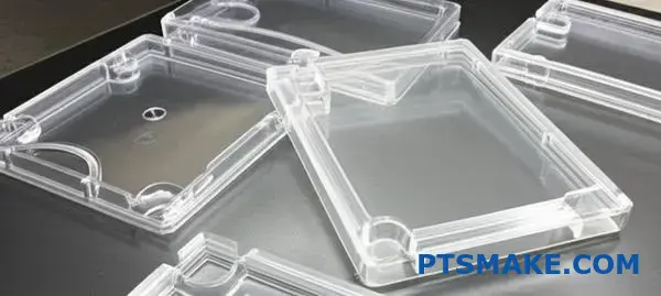 Elektroniska plasthöljen som visar olika kvalitetsexempel på ultraljudssvetsfogar på industriell arbetsbänk