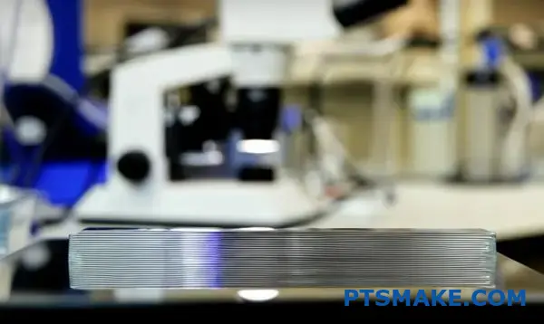 Tvärsnitt av ultraljudssvetsat plastprov under metallurgiskt mikroskop som visar inre svetsstruktur och kvalitetsanalys för inspektion av plastfogar