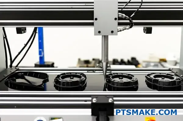 Industriell ultraljudssvetsutrustning för plast placerad över svarta bilkomponenter som visar korrekt inriktning för felsökning med jämn svetsstyrka