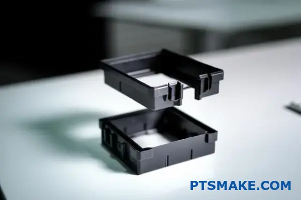 Två svarta plasthöljen placerade för ultraljudsfogning på kontorsbordets yta
