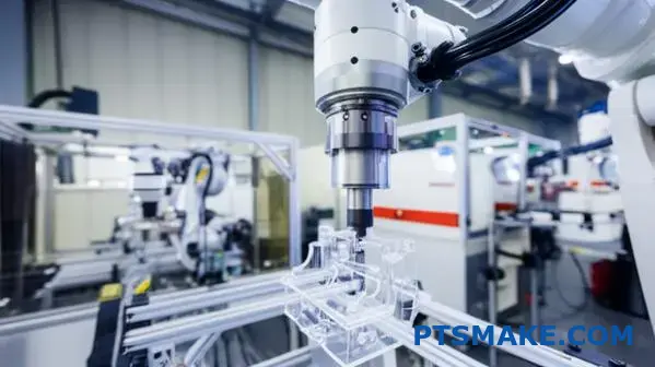 Robotarm som positionerar plastkomponent för ultraljudssvetsning av plast i automatiserat tillverkningssystem