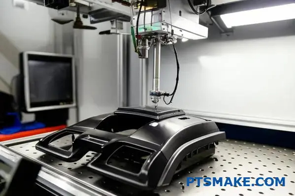 Róg do zgrzewania ultradźwiękowego wywierający nacisk na czarną plastikową część deski rozdzielczej samochodu podczas procesu zgrzewania ultradźwiękowego na stole warsztatowym