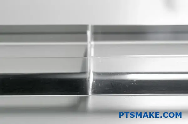 Dwa przezroczyste plastikowe bloki umieszczone razem, pokazujące interfejs połączenia materiału do testowania przydatności spawania dźwiękowego