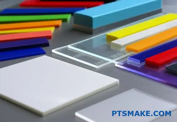 Różne próbki materiałów termoplastycznych przygotowane do ultradźwiękowego testowania i oceny kompatybilności spawania