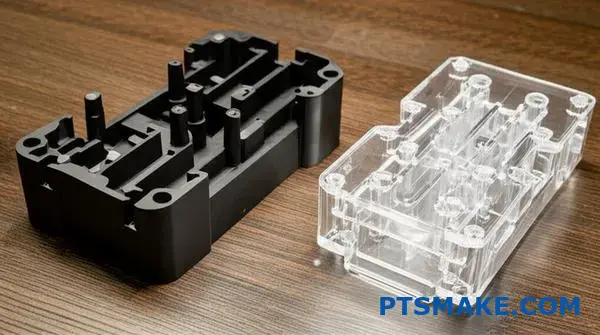 Dwie obudowy elektroniczne o różnej złożoności geometrycznej i grubości ścianek do łączenia ultradźwiękowego