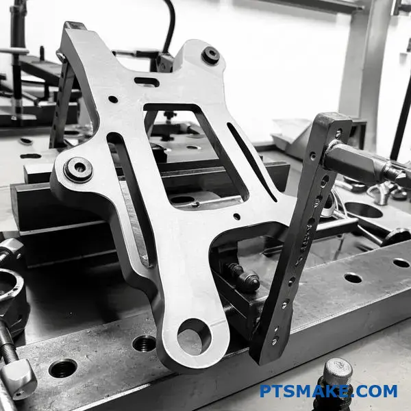 Precyzyjny uchwyt przytrzymujący złożony metalowy wspornik do procesu łączenia ultradźwiękowego w konfiguracji produkcyjnej