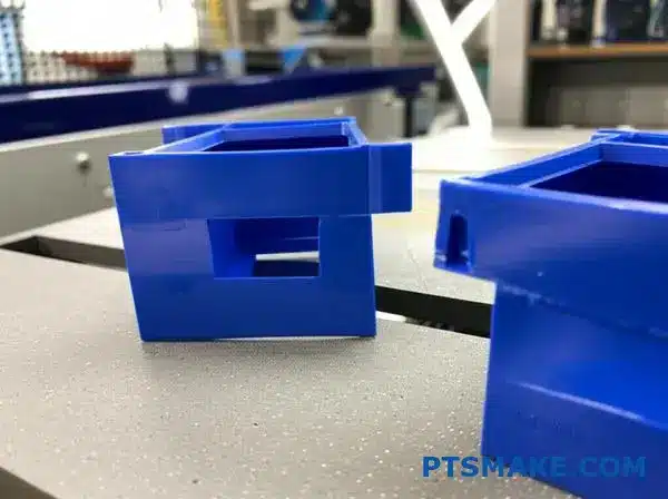 Dwie plastikowe części o różnej jakości zgrzewu ultradźwiękowego do analizy porównawczej wytrzymałości