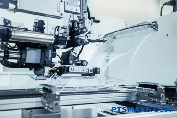 Przemysłowy sprzęt do zgrzewania ultradźwiękowego łączący przezroczyste plastikowe części deski rozdzielczej w zakładzie produkcji samochodów