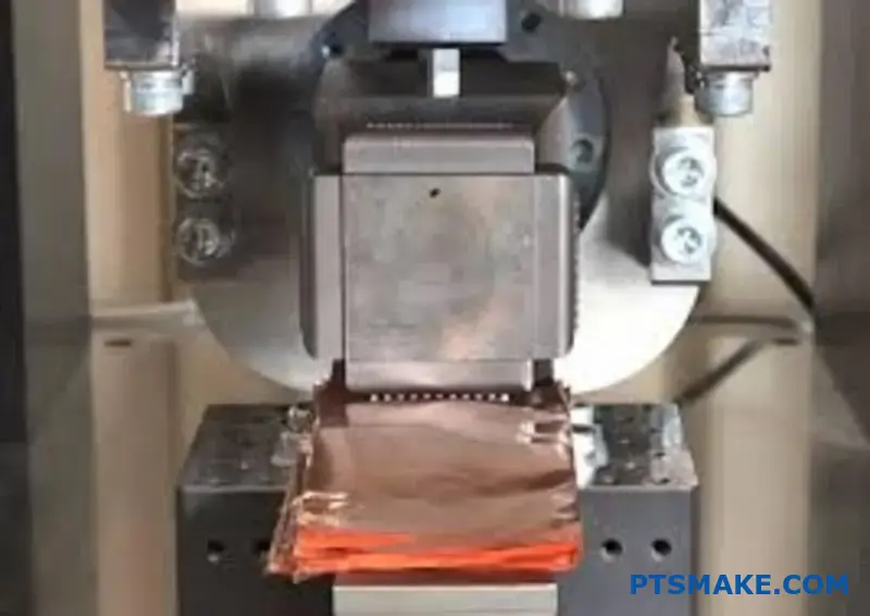 Close-up view of a precision injection molding machine in action