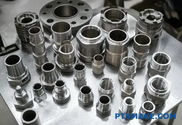 Różne złączki rurowe ze stali nierdzewnej wyświetlające różne wartości ciśnienia i rozmiary na stole warsztatowym