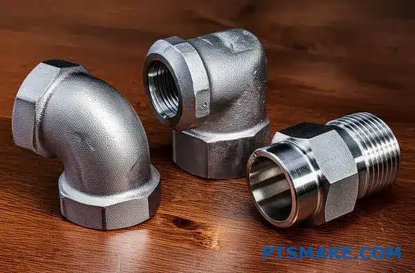 Trzy różne złączki rurowe ze stali nierdzewnej prezentujące różne techniki produkcji na stole warsztatowym