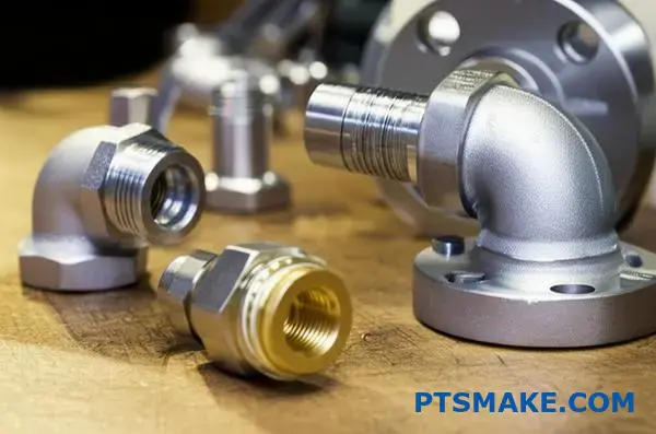 Wiele stalowych łączników rur i kształtek rurowych prezentujących różne metody połączeń na stole warsztatowym