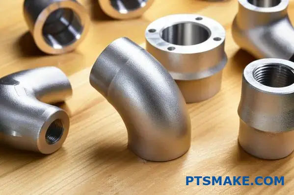 Różne złączki rurowe i łączniki ze stali nierdzewnej o różnych funkcjach, w tym kolanka, trójniki i reduktory na powierzchni warsztatowej