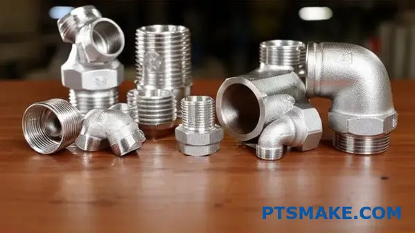 Różne typy gwintowanych stalowych łączników rur i kształtek wyświetlane na stole warsztatowym, pokazujące różne standardy gwintowania
