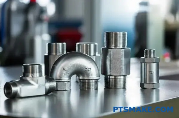 Kolekcja metalowych złączy rurowych i armatury do systemów płynów na stole warsztatowym