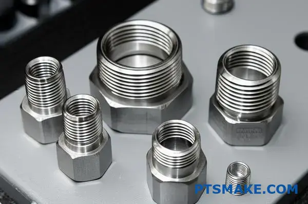 Profesjonalne gwintowane złącza rurowe NPT ze stali nierdzewnej wyświetlane na przemysłowym stole warsztatowym, pokazujące precyzyjnie obrobione gwintowanie zapewniające szczelność połączeń