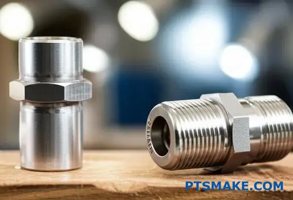 Porównanie spawanych i gwintowanych łączników rurowych ze stali nierdzewnej na stole warsztatowym pokazującym różne metody połączeń