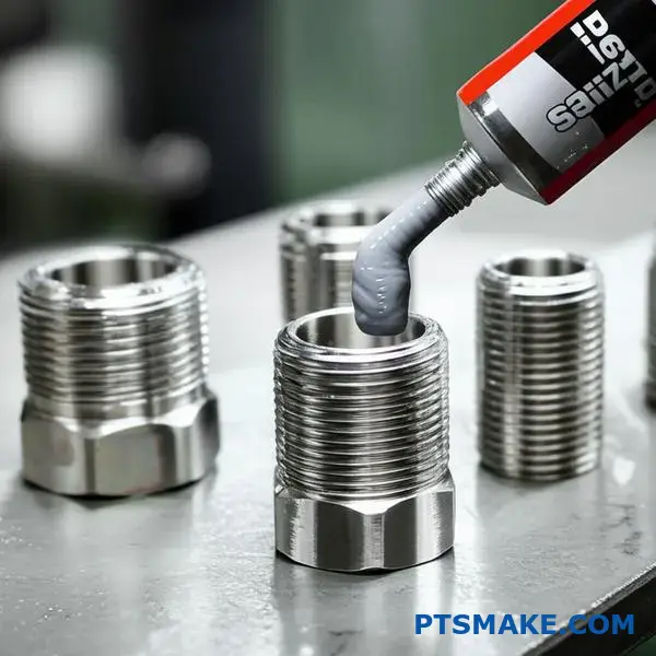 Zbliżenie na złączki rurowe ze stali nierdzewnej z połączeniami gwintowanymi pokazujące aplikację smaru przeciwzatarciowego na przemysłowym stole warsztatowym