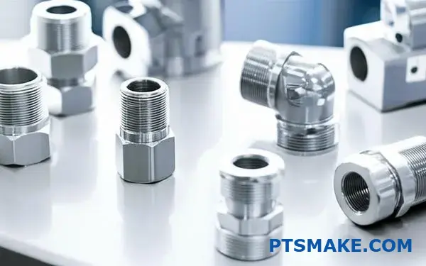 Różne złączki rurowe i łączniki ze stali nierdzewnej przeznaczone do zastosowań kriogenicznych wyświetlane na powierzchni laboratoryjnej