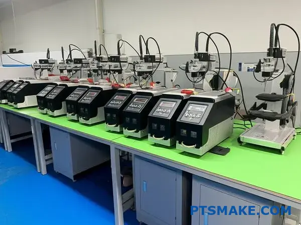 Różne modele urządzeń do zgrzewania ultradźwiękowego wyświetlane na stacji roboczej do zastosowań przemysłowych w zakresie łączenia tworzyw sztucznych